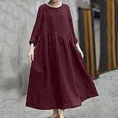 abordables robes imprimées en coton et lin-Femmes Robe Midi Robe en coton et lin Classique Moderne Extérieur Vacances Fête Coupe régulière Uni manche longue Col ras du cou Noir Rouge Vert Été