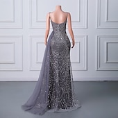 baratos CINZA-Sereia  Vestido de Noite Trompete Vestido Elegante Festa de Gala Traje de Corte Sem Mangas Alças Finas Com Lantejoulas e Pérolas
