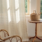 billiga Fönsterprodukter-Boho Gardiner Virkat Spets Lapptäcke Semi-Mörkläggning Bohemisk Handgjord Tofsar Stångficka Fönsterbehandling Vintage Lantlig Bonde Draperier för Vardagsrum Sovrum