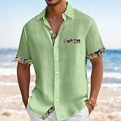 voordelige Vakantie-Voor heren Overhemd Linnen overhemd Zomer overhemd Strand Kleding Overhemd met knopen Effen Kleur Vakantie Curise Zwart Wit Blozend Roze Groen Korte mouw Kraag Zomer Lente zomer Kleding Kleurenblok