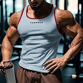 billiga Gym-toppar-Herr Linne Undertröjor Ärmlös tröja Ärmlös Rund hals Sommar Bokstav Mode Designer Grundläggande Lappverk Semester Gata Utekväll Svart Vit Rubinrött Topp t-shirt för män