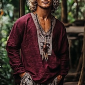 economico Vacanza-Per uomo Camicia Camicia di lino Camicia popover Camicia Estiva Abbigliamento da spiaggia Camicie retrò Etnico Vacanza Ferie Vino Marrone Verde Manica Lunga Scollo a V Estate Primavera Abbigliamento