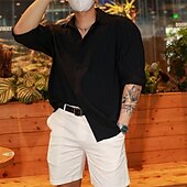 preiswerte Herrenhemd zum Knöpfen-Herren Hemd Sommerhemd Freizeithemd Strandhemd Knopfhemd Schwarz Weiß Aprikose Langarm Einfach Revers Urlaub Hawaiianisch Jacquard Bekleidung Polyester Mode Lässig Bequem