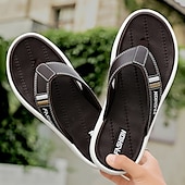 cheap Vacation Sandals-Men&#039;s Black Thick Sole Flip Flops with Soft Footbed and Fashion Strap Design for Adults Comfortable Summer Slippers for Beach Vacation Poolside Lounge Daily Shower Use