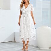 preiswerte Teelänge-A-Linie Kleid Brautmutterkleid Elegant V Ausschnitt Bodenlang Spitze Kurzarm mit Schärpe / Band Falten 2025
