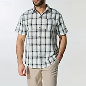 Недорогие мужская рубашка на пуговицах-Муж. Рубашка Летняя рубашка Повседневная рубашка Пляжная рубашка Кнопка рубашка Желтый Серый С короткими рукавами В клетку Лацкан Отпуск Гавайский Карман Одежда Полиэстер Мода На каждый день Удобный