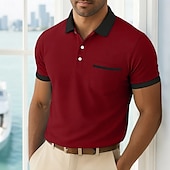 billiga Herrars klassiska polo-Herr Golftröja Piképikétröjor Arbete Ledigt Kavajslag Ribbstickad polokrage Kortärmad Grundläggande Modern Färgblock Lappverk Ficka Vår &amp; sommar Normal Svart Vinröd Marinblå Ljusblå Golftröja