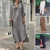 economico abiti stampati in cotone e lino-Per donna Abito Midi Abito Camicia Abito in cotone e lino Classico Moderno All&#039;aperto Uscire Weekend Vestibilità regolare Semplice Manica Lunga Colletto a Camicia Bianco Blu marino Marrone Grigio