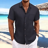preiswerte Herrenhemd zum Knöpfen-Herren Hemd Sommerhemd Freizeithemd Strandhemd Knopfhemd Schwarz Marineblau Blau Dunkelgrün Braun Kurzarm Einfach Revers Urlaub Hawaiianisch Jacquard Bekleidung Polyester Mode Lässig Bequem