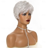 cheap Older Wigs-Short Silver White Synthetic Wigs with Bangs for Old Women White Stylish Fluffy Layered Wigs Natural Fluffy Heat Resistant Wigs for Mother Grandmother Grandma
