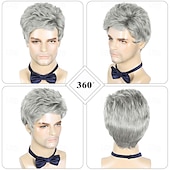 economico Parrucche storiche-Parrucca da uomo corta grigio argento, parrucche sintetiche a strati naturali per uomo, per Halloween quotidiano.