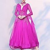 billige Ballroomkjoler-Ballroom-dans Kjole Krystall / Rhinestone Dame Ytelse Fest Langermet Chiffon Spandex