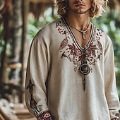 abordables Vacances-Homme Chemise Chemise en lin Chemise popover Chemise d'été Chemises rétro Chemise ethnique Géométrique Vacances Rue Kaki manche longue Col en V Été Printemps Vêtement Tenue