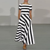 halpa Raidallinen ja geometrinen mekko-Naisten Pitkä mekko Maxi mekko Rento mekko Kellomekko Muoti ulko- Juhla Pyhäpäivä Normaali Raidoitettu Lyhythihainen Olkaimeton Musta Rubiini Sininen Kesä
