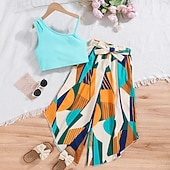 cheap Casual Dresses-2 Pieces Kids Girls' Color Block Off Shoulder Tank &amp; Pants Set Sleeveless Daily School 7-13 Years Summer Blue
