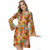 cheap Dresses-Retro Vintage 1970s Groovy Dress Headband Hippie Disco Floral Women&#039;s Halloween Carnival Vacation Music Festival Festival Adults&#039; Dress Headband