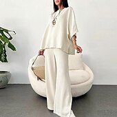 abordables Ensembles-Femmes Mode Streetwear Chemises en coton et lin Ensembles en coton et lin Ensembles de Pantalons Manche 3/4 Col en V Uni Tenue quotidienne Date Blanche Beige Été Coupe régulière