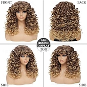voordelige Historische pruiken-Krullende Pruik Grote Krullende Pruiken voor Witte Zwarte Vrouwen 20 Inch Lange Krullende Afro Pruik met Pony Synthetisch Haar Vervangingspruiken voor Cosplay en Dagelijks Ombre Blonde Halloween