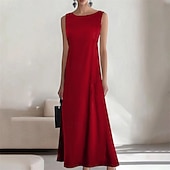 economico maxi abito nero-Per donna Abito Lungo Maxi Abito Vestito Casual Abito Estivo Moda All'aperto Feste Ferie Vestibilità regolare Semplice Senza Maniche Girocollo Blu Nero Vino Estate