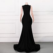 preiswerte SCHWARZ-Meerjungfrau  Trompete Abendkleid Elegantes Kleid Abendgesellschaft Ball Hochauslauf Ärmellos Runder Ausschnitt Stretch Crepe mit Perlenapplikationen