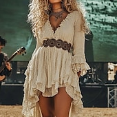 ieftine Rochii Boho-Pentru femei Rochii Midi Rochie de epoca Epocă Modă În aer liber Vacanță Sfârșit de săptămână Fit regulat Simplu Manșon Lung În V Bej Vară