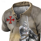 billige Men&#039;s Vintage Polo-Herre Tempelridderne Poloskjorter Golf skjorte Kortermet Poloskjorter Skjorter med krage Årgang Fritid Ferieklær Festivalklær Festantrekk Knapper 3D-utskrift Blå Brun kaffe