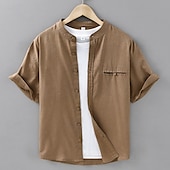 baratos Camisa Algodão Linho-Homens Camisa Social Camisa de linho Camisa casual camisa de botão Camisa de algodão Tecido Férias Rua Branco Azul Marinha Azul Marron Manga Curta avô Verão Roupa Bolsos