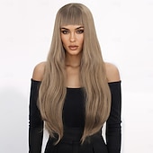 voordelige Synthetische trendy pruiken-synthetische pruik kinky recht recht gelaagd kapsel met pony pruik 24 inch a1 synthetisch haar dames klassiek comfortabel kleurverloop bruin