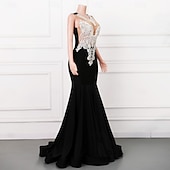 preiswerte SCHWARZ-Meerjungfrau  Trompete Abendkleid Elegantes Kleid Abendgesellschaft Ball Hochauslauf Ärmellos Runder Ausschnitt Stretch Crepe mit Perlenapplikationen