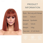 cheap Synthetic Trendy Wigs-Short Straight Bob Auburn Wigs with Fringe Shoulder Length Hair Colorful Wig for Women Girls Heat Resistant Synthetic Wig for Cosplay Halloween Party 14 Inch 35cm Ginger Brown