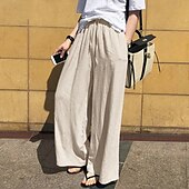 economico Pantaloni-Per donna Pantaloni in cotone e lino Moda Streetwear Comfort Lunghezza intera Naturale Semplice Elastico in vita Comodo All&#039;aperto Confortevole Streetwear Abbigliamento quotidiano Uscire Nero Blu