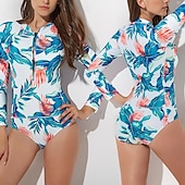 baratos Rash Guards de Uma Peça-Mulheres Anti Atrito roupa de banho Tropical Zíper Frontal Proteção Solar UV UPF50+ Secagem Rápida Manga Longa Roupa de Banho Roupa de banho Surfe Praia Esportes Aquáticos Verão