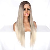 baratos Perucas Sintéticas sem Touca-Peruca loira ombré longa de aparência natural com raízes castanhas, sem cola, para mulheres, cabelo sintético liso e sedoso, resistente ao calor, 28 polegadas