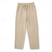 baratos Clássico-Pacote com 2 calças de linho masculinas, calças de verão, calças largas, calças de praia, cordão, cintura elástica, lisas, confortáveis, respiráveis, comprimento total, uso ao ar livre, diário, moda de férias, estilo clássico, branco + azul celeste