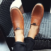 tanie Buty casual slip-on-męskie, brązowe, swobodne mokasyny z cholewką z miękkiej skóry ekologicznej, ręcznie szytymi detalami i wytrzymałą gumową podeszwą – idealne do codziennego noszenia i aktywności na świeżym powietrzu