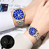 baratos Relógios Quartz-Conjunto de relógio de quartzo para casal, 2 peças – mostrador digital redondo, à prova d&#039;água ipx7, ponteiros luminosos, calendário duplo (data e dia), pulseira de liga, estilo empresarial unissex, ideal para encontros e presentes