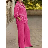 preiswerte Sets-Damen Aktiv Basic Baumwoll-Leinen-Sets Langarm Hemdkragen Einfarbig Alltagstauglich Schwarz Weiß Gelb Sommer Normale Passform