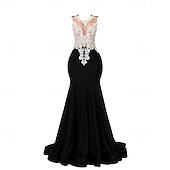 preiswerte SCHWARZ-Meerjungfrau  Trompete Abendkleid Elegantes Kleid Abendgesellschaft Ball Hochauslauf Ärmellos Runder Ausschnitt Stretch Crepe mit Perlenapplikationen