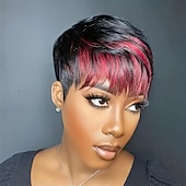 cheap Black &amp; African Wigs-Short Pixie Cut Wig Synthetic Wig for Black Women with Burgundy Layered Short Haircut Wig Glueless Wig with Bangs Quick Get Up and Go Wig