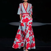 ieftine Rochii casual florale-Pentru femei Rochie Lunga Rochie Maxi Rochie florala Rochie imprimata Modă Modern În aer liber Vacanță Dată Fit regulat Floare Manșon Jumate În V Alb Roșu-aprins Vară
