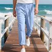 baratos Feriado-Homens Calças de linho Calças Calça verão Calças largas Calças de praia Com Cordão Cintura elástica Perna reta Tecido Conforto Respirável Comprimento total Ao ar livre Casual Feriado Férias Moda