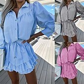 baratos Conjuntos-Mulheres Moda Roupa de rua Camisas de algodão e linho Conjuntos de linho de algodão Conjuntos de shorts Manga Longa Colarinho de Camisa Listrado Imprimir Roupa Diária Encontro Rosa Azul Cinzento Verão