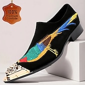 ieftine Mocasini din piele premium-Mocasini bărbătești din catifea brodată, cu design colorat cu păsări și vârf metalic – pantofi eleganti de lux, fără mâneci, pentru petreceri și nunți