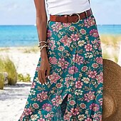 preiswerte Grafische Röcke-Damen Rock Lässig Boho Maxi Mittlere Hüfthöhe Röcke Blumen Druck Gespleißte Enden Mikroelastisch Urlaub Straße Dunkelgrün Sommer Polyester