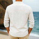 preiswerte Urlaub-Herren Hemd Leinenhemd Guayabera Hemd Sommerhemd Strandhemd Einfarbig Urlaub Lässig Weiß Langarm Camp-Kragen Bekleidung Mehrere Taschen