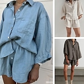 tanie Zestawy-Damskie Aktywny Moda Koszula Koszule bawełniane lniane Bluzka Rękaw 3/4 Kołnierzyk koszuli Jednokolorowe Dubbele Rij Knopen Urlop Codzienne Niebieski Brązowy Beżowy Lato Regularny
