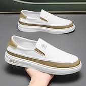 levne Pánské tenisky-Pánské bílé nazouvací tenisky se zlatým akcentem a minimalistickým designem - elegantní, módní, ideální pro ležérní vycházky a každodenní pohodlí