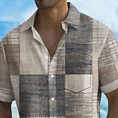 preiswerte Geometrische Muster-Herren Geometrisch Farbblock Karo / Karomuster Hemd Sommerhemd Knopfhemd Kurzarm Modisch lässig Urlaub Ferien Streetwear Sommer Umlegekragen 3D-Druck Eine Tasche vorne Leinenähnliches Hemd Khaki Grau