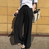 economico Pantaloni-Per donna Pantaloni in cotone e lino Moda Streetwear Comfort Lunghezza intera Naturale Semplice Elastico in vita Comodo All&#039;aperto Confortevole Streetwear Abbigliamento quotidiano Uscire Nero Blu