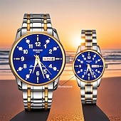 baratos Relógios Quartz-Conjunto de relógio de quartzo para casal, 2 peças – mostrador digital redondo, à prova d&#039;água ipx7, ponteiros luminosos, calendário duplo (data e dia), pulseira de liga, estilo empresarial unissex, ideal para encontros e presentes